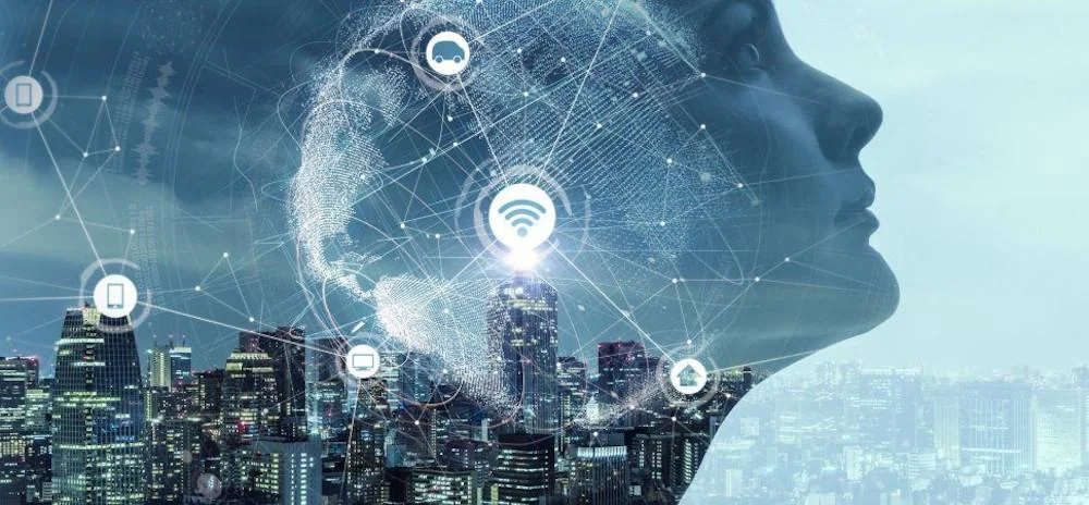 Connected city and human profile illustrating intelligent systems